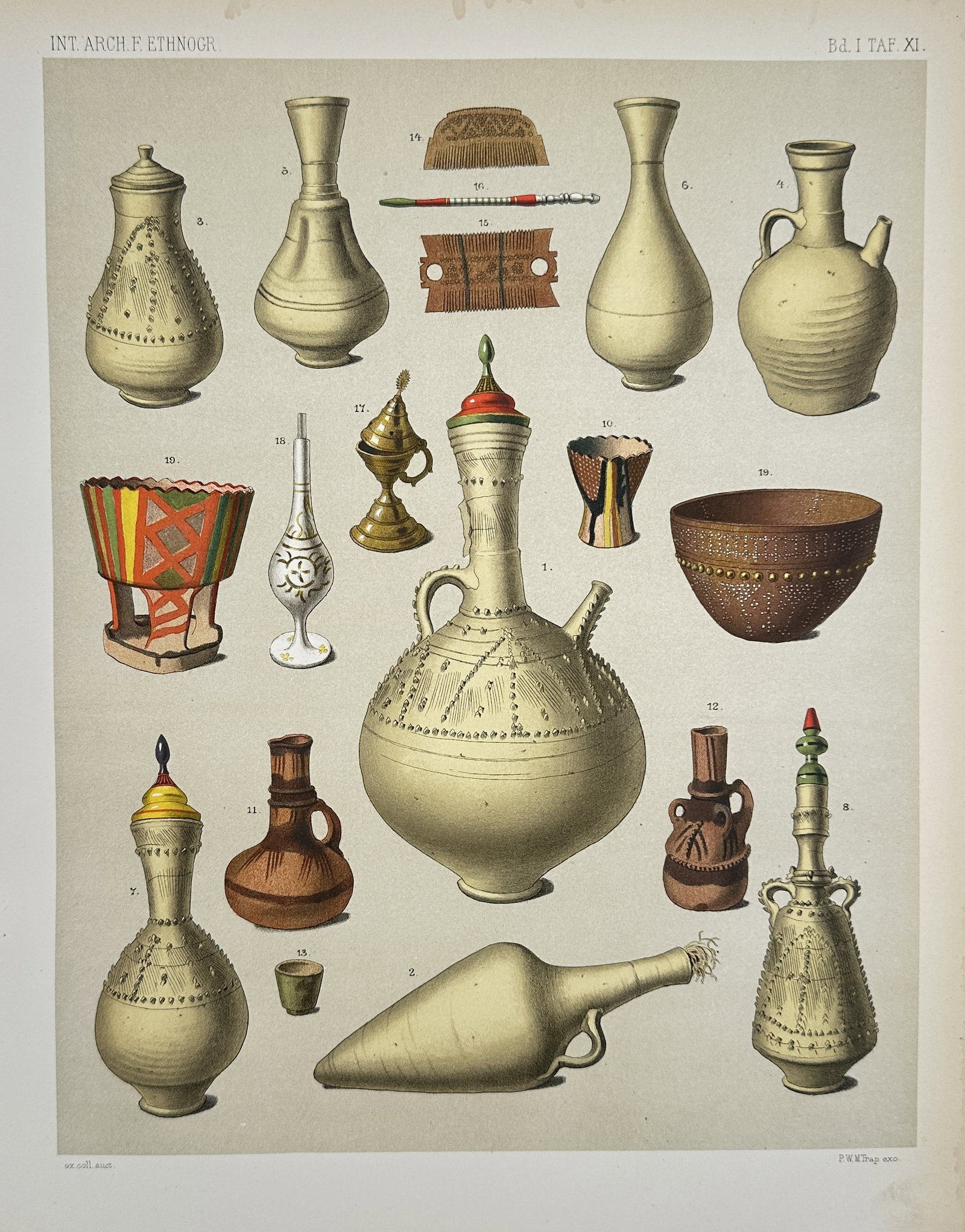 James G. Swan – Native Ornaments from Washington Territory – Chromolithograph (1857): This chromolithograph depicts a Native figure in ceremonial attire and illustrates various cultural objects, including patterned textiles and ornaments, related to the Indigenous peoples of the Pacifi
