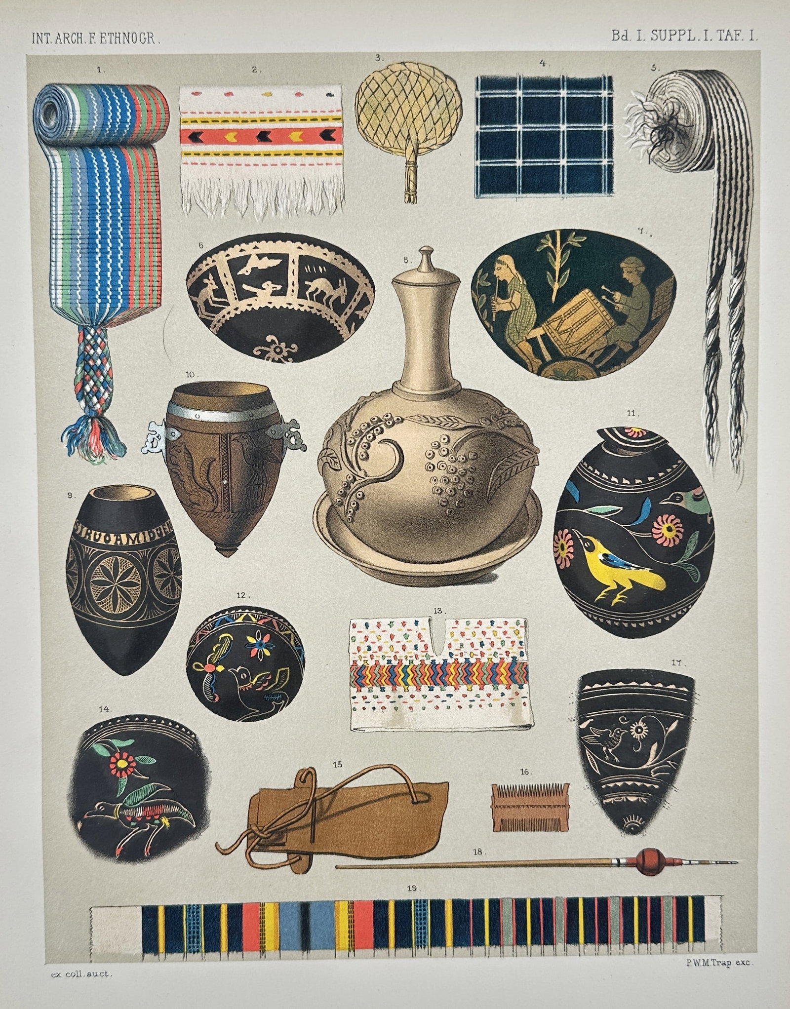 James G. Swan – Native Ceremonial Attire from Washington Territory – Chromolithograph: This chromolithograph depicts a Native figure in ceremonial attire and illustrates various cultural objects, including patterned textiles and ornaments, related to the Indigenous peoples of the Pacifi