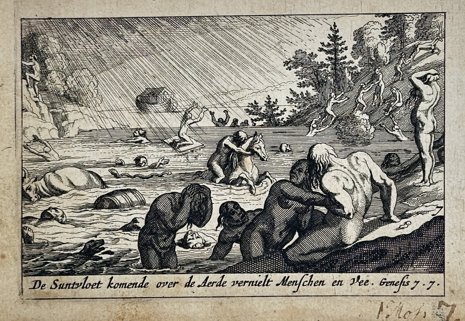 Pieter Hendriksz. Schut (c. 1619–1660) – The Deluge (Noah’s Flood) – Copperplate engraving: This copperplate engraving depicts the biblical scene of The Deluge (Noah’s Flood), showing humans and animals struggling against the rising water, and carries the Dutch inscription relating to Gene