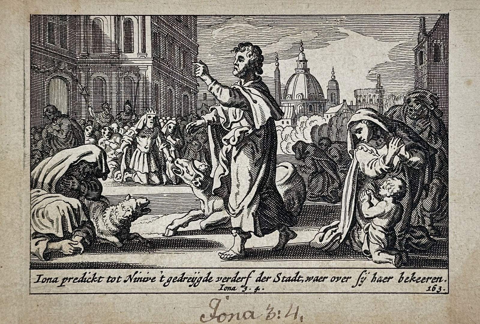 Pieter Hendriksz. Schut (c. 1619–1660) – Jonah Preaching to the City of Nineveh – Copperplate: This copperplate engraving depicts the biblical prophet Jonah preaching repentance to the citizens of Nineveh in a street scene, an illustration accompanied by a Dutch inscription referencing the book