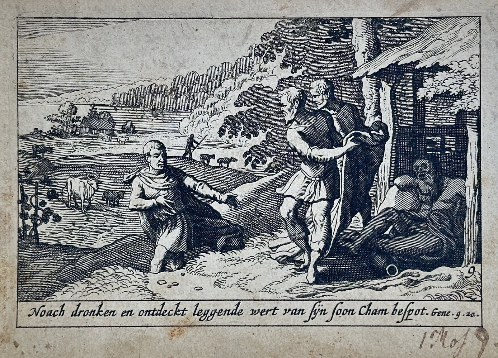 Pieter Hendriksz. Schut (c. 1619–1660) – Noah Drunk and Discovered by Ham: This copperplate engraving illustrates the biblical scene where Noah lies drunk and uncovered in his tent, observed by his son Ham, an event detailed in Genesis 9. The small print carries a Dutch insc