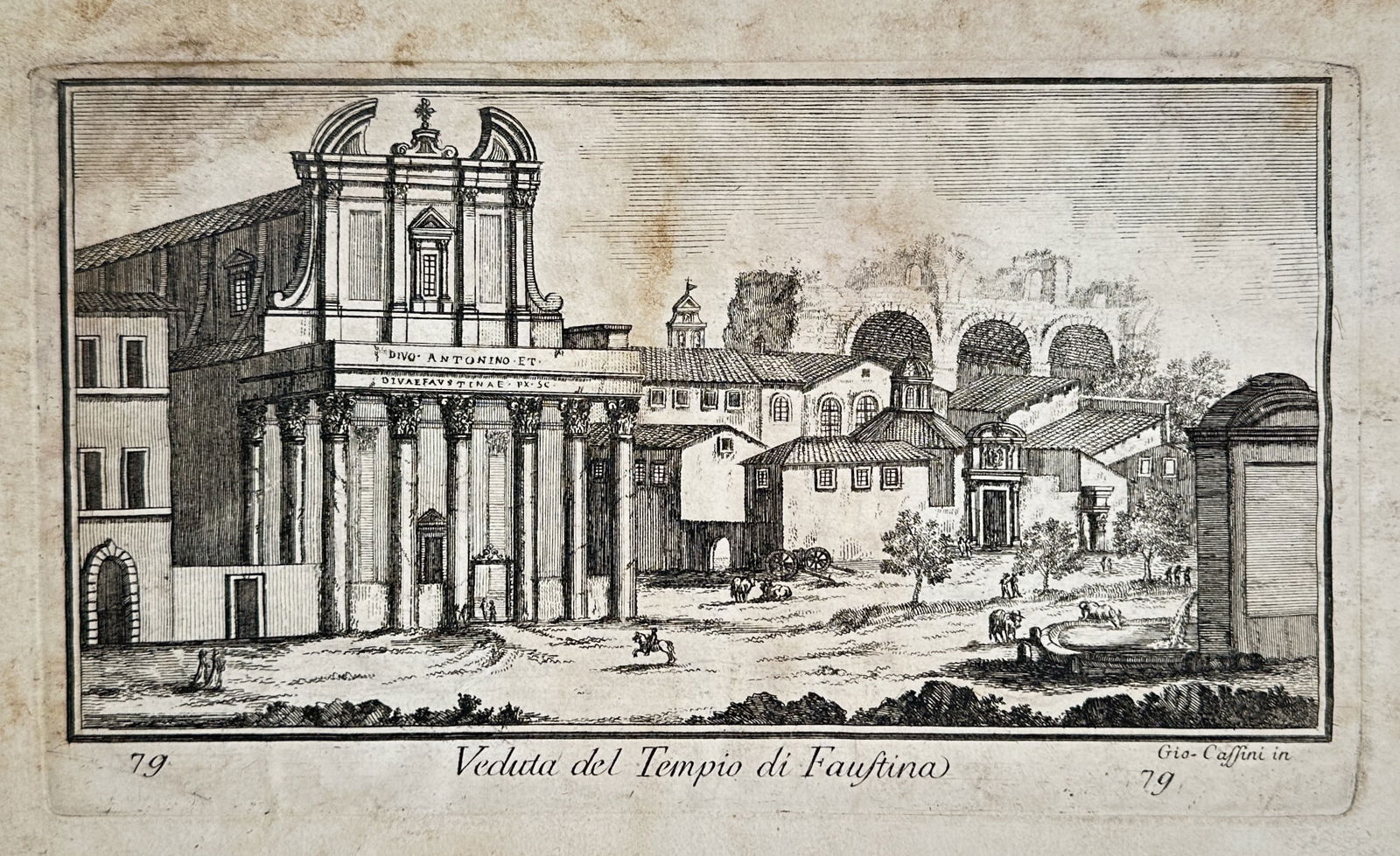 Giovanni Battista Piranesi (1720–1778) – View of the Temple of Faustina – Etching: This etching is a topographical illustration titled Veduta del Tempio di Faustina, depicting the remnants of the Roman Temple of Faustina incorporated into the Church of San Lorenzo in Miranda in Rome