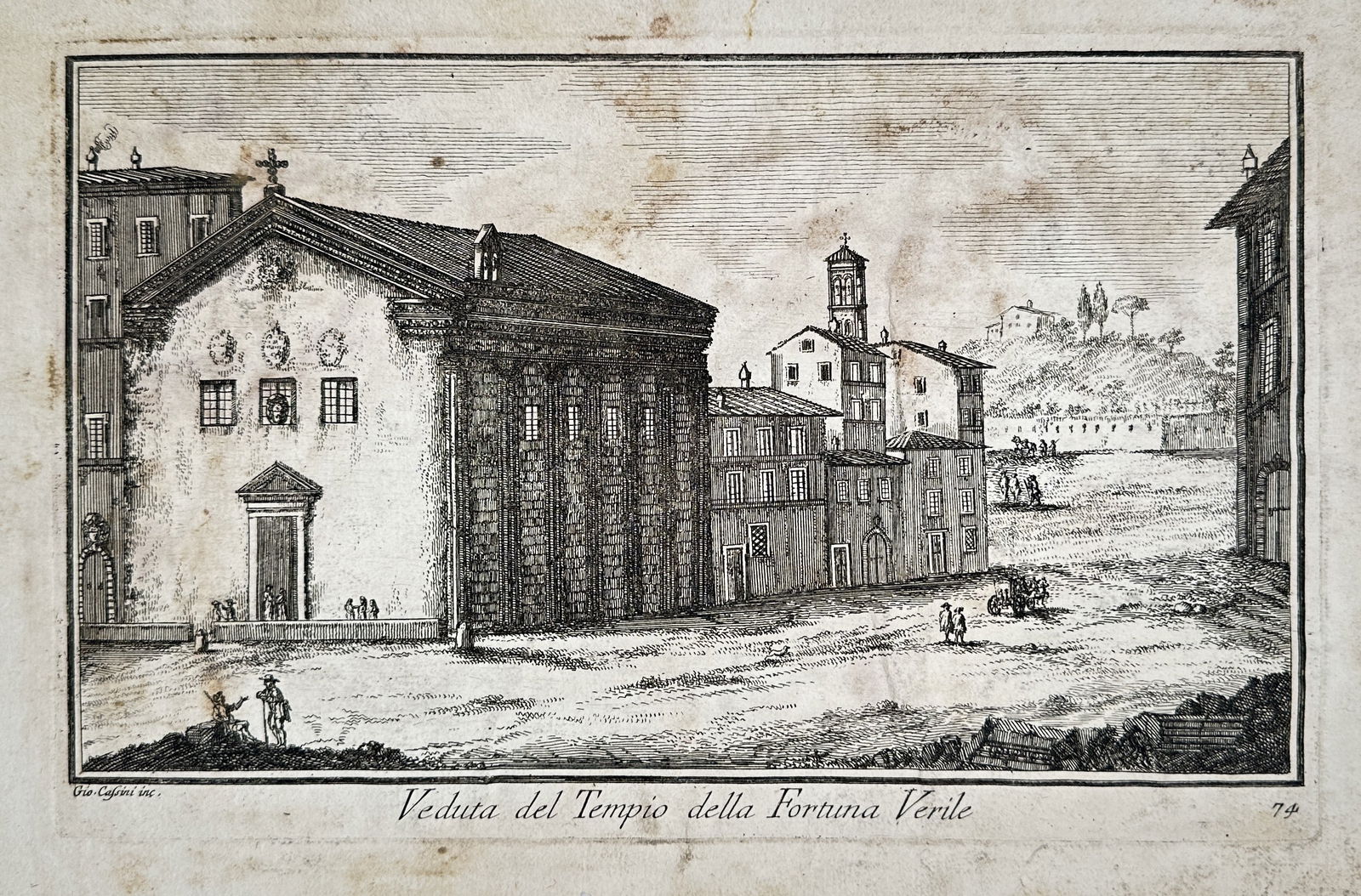 Giovanni Battista Piranesi (1720–1778) – View of the Temple of Fortuna Virile – Etching: This etching is a topographical illustration titled Veduta del Tempio della Fortuna Virile, depicting the ancient Roman Temple of Fortuna Virilis in Rome, emphasizing its preserved classical structure