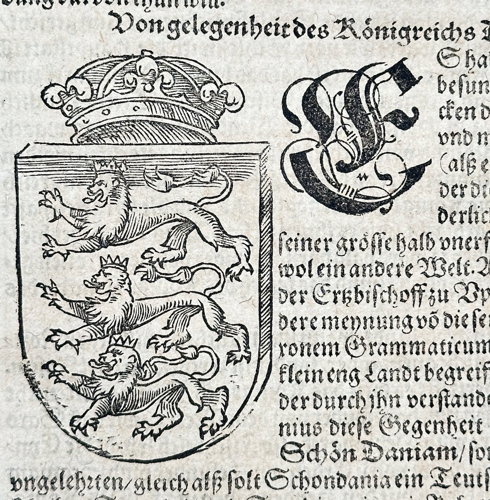 Sebastian Münster – Das Dritte Buch: Emblems of Denmark– Woodcut (16th Century): This woodcut features decorative initial letters and the royal coat of arms of Denmark, accompanying extensive early German text detailing the history and geography of the Danish kingdom, or Dacia, an