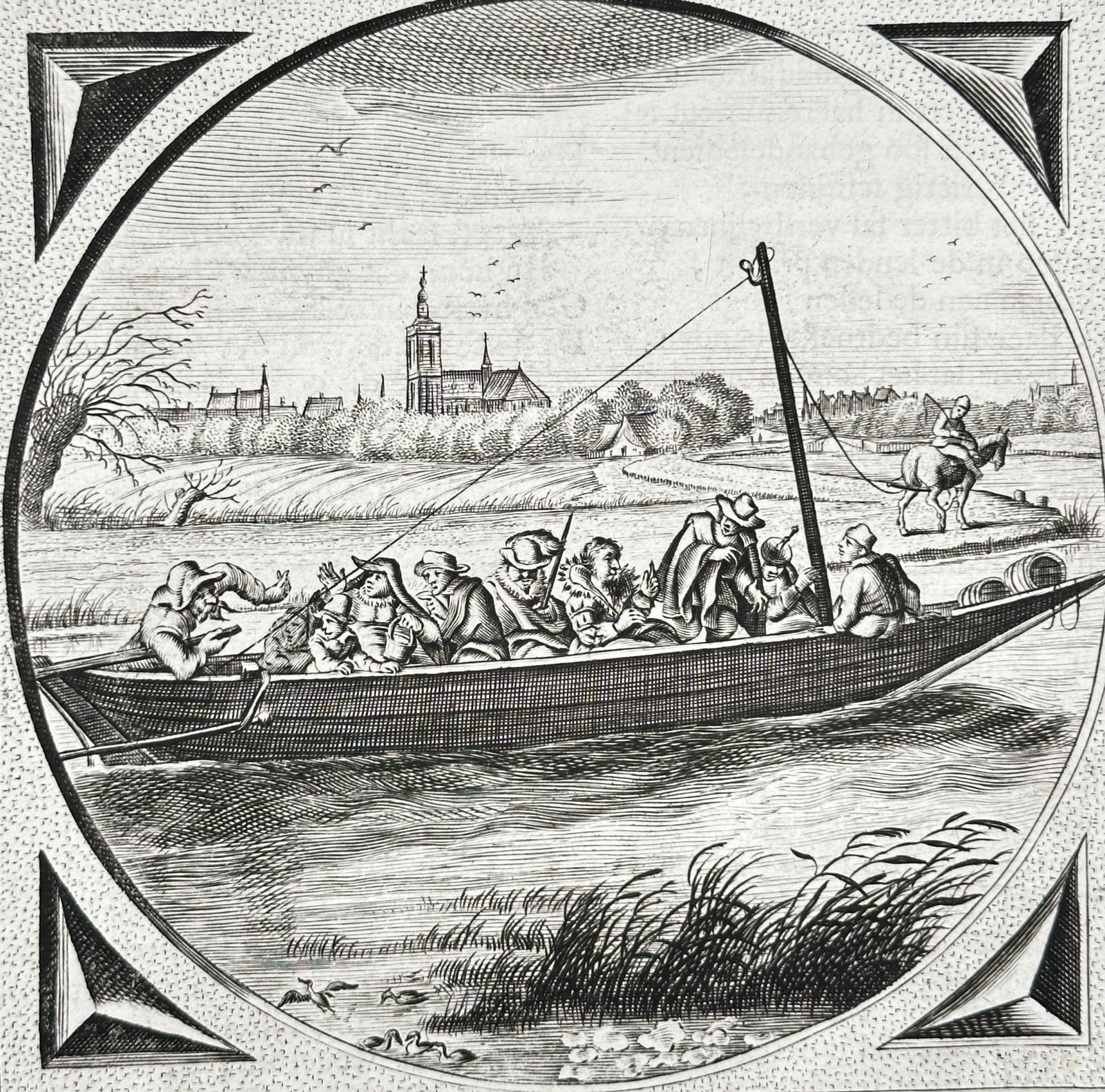 Jacob Cats – Framed Allegorical Scene of Figures in a Boat – Copperplate engraving (17th: This copperplate engraving, set within a large folio page of Dutch text, features a central, framed allegorical scene depicting figures in a small boat navigating rough waters, typically symbolizing t