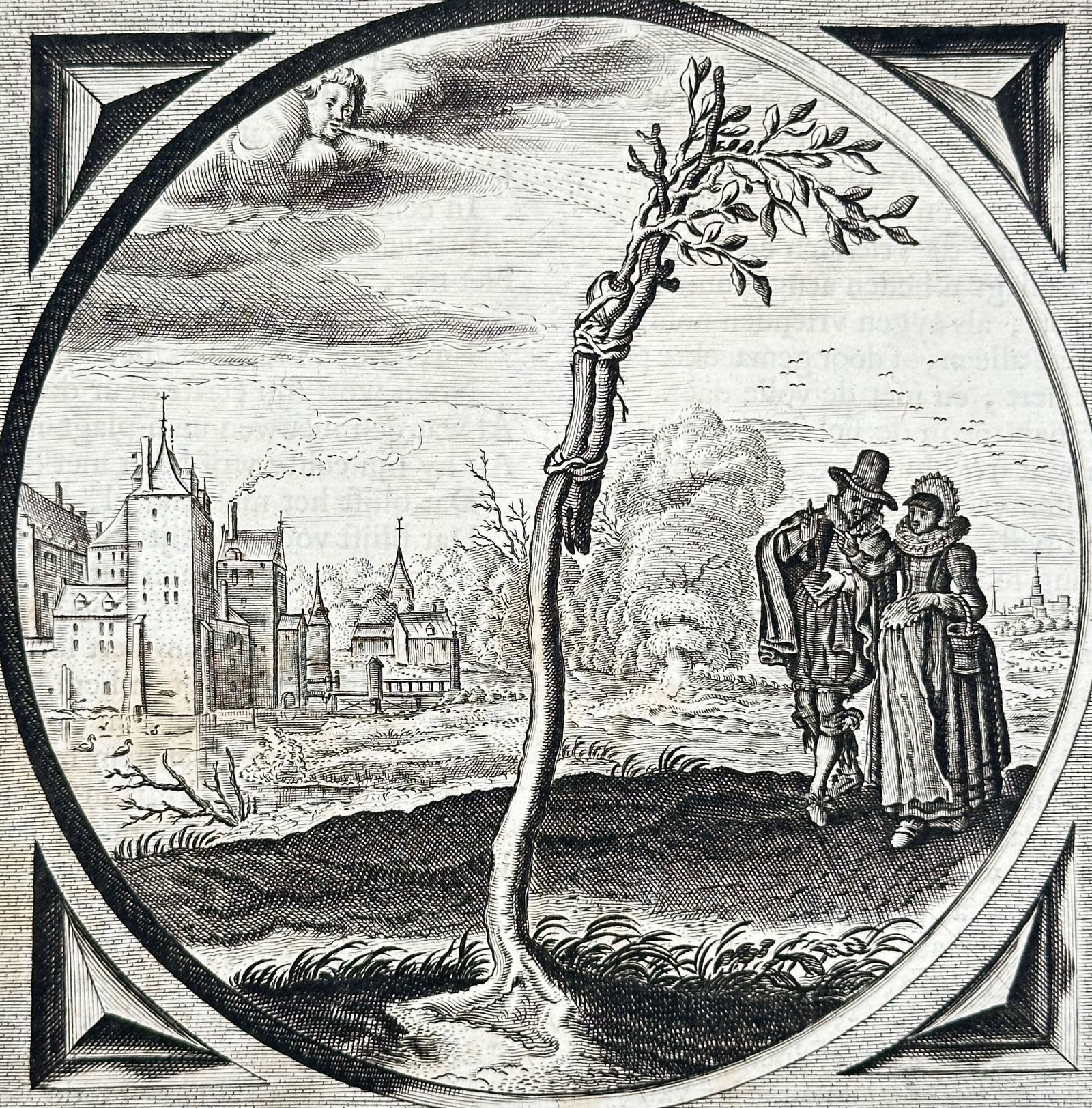 Jacob Cats – Framed Allegorical Scene with Tree and Town – Copperplate engraving (17th Century) (1 of 3)