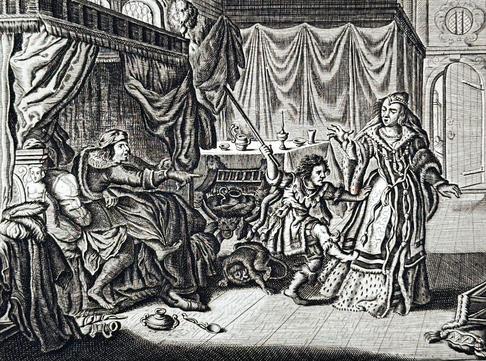Jacob Cats – Framed Allegorical Scene of Family and Illness – Copperplate engraving (17th (1 of 3)