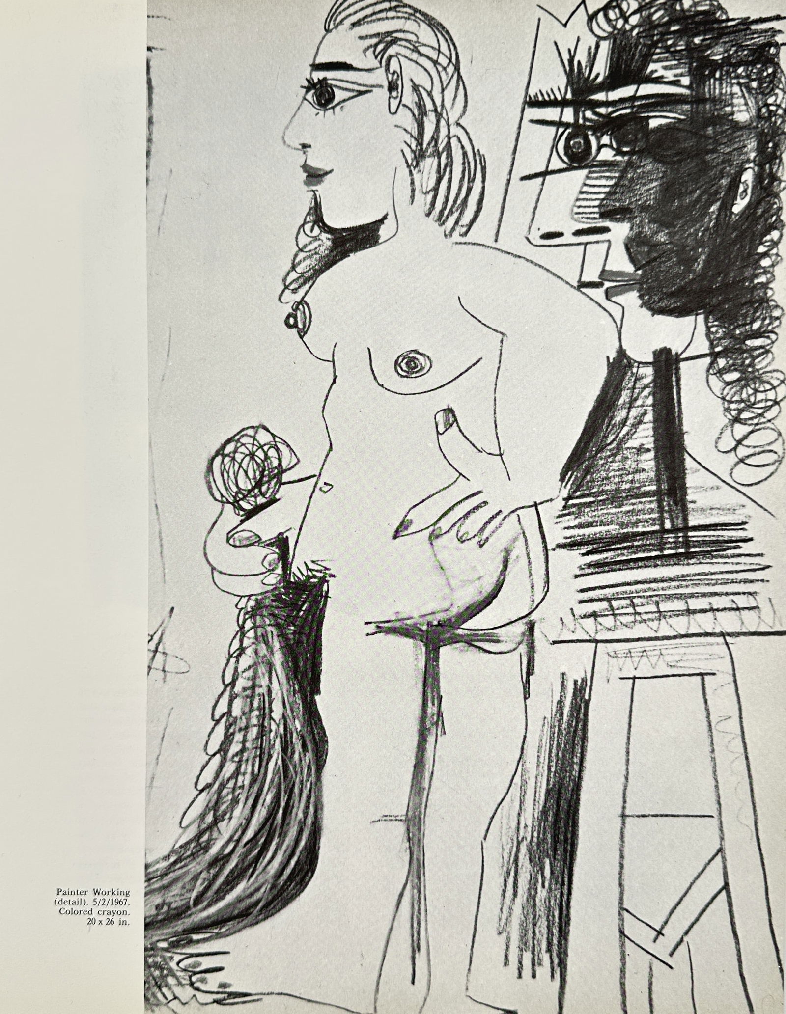 Pablo Picasso (1881–1973), after – Painter and Nude Model – Offset print (20th Century): This offset print renders a drawing that depicts a painter working on an easel next to a standing nude model, executed in a bold, linear, and graphic style. The composition reflects a primary theme in