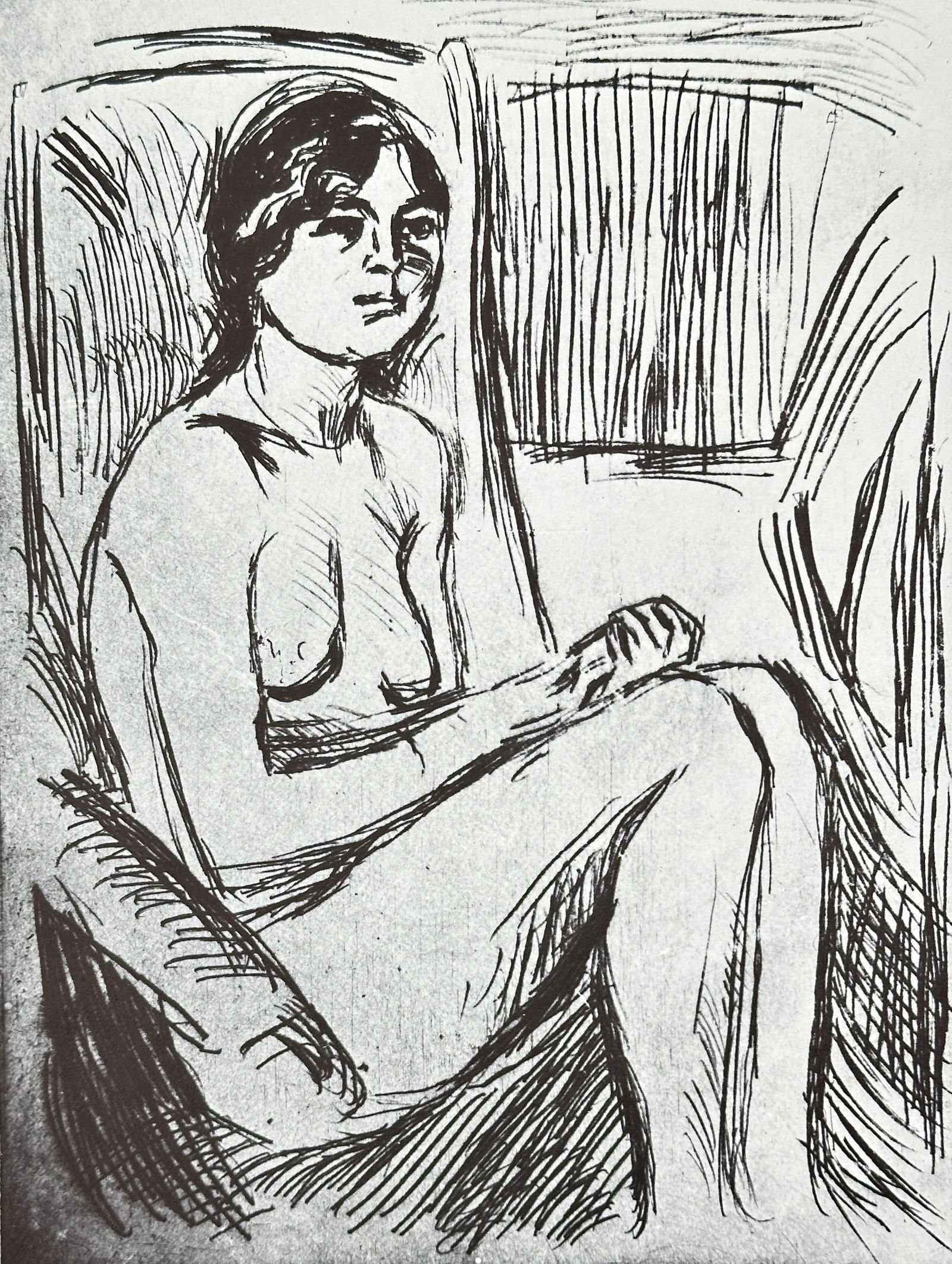 Edvard Munch (1863–1944) – Seated Nude (Celline) – Offset print (20th Century): This offset print renders a drawing of a seated nude female figure, identified in the inscription as "Celline." The work is executed in a simplified, expressive linear style characteristic of Munch's