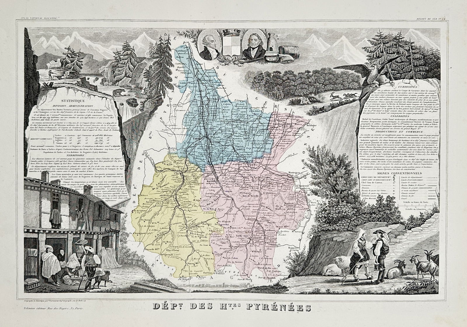 Victor Levasseur – Map of the Department of Hautes Pyrénées, France – Copperplate engraving (1 of 2)