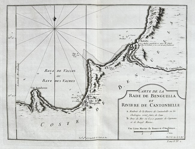 Jacques-Nicolas Bellin – Map of Benguela Bay and Cantonbelle River: This detailed hydrographic map charts the strategic coastal area of the Bay of Benguela (Baie des Vaches or Bay of Cows) and the adjacent Cantonbelle River (Catumbela River) in Angola, West Africa. Th