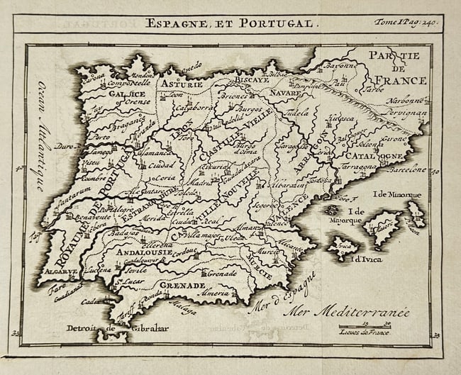 Henri Abraham Chatelain – Map of Spain and Portugal / Espagne – Engraving: This engraved map titled Espagne et Portugal presents the Iberian Peninsula with its major regions, mountain ranges, and coastal cities clearly delineated. It shows Spain and Portugal alongside part o
