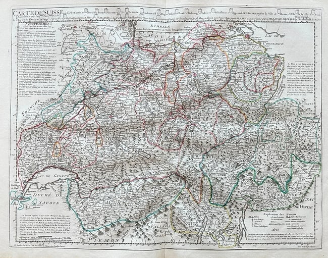 Guillaume Delisle & Philippe Buache (1700–1773) – Map of Switzerland - Engraved: This finely engraved and hand-coloured map of Switzerland presents the cantons, topographical features, and administrative divisions with scientific precision characteristic of Enlightenment cartograp