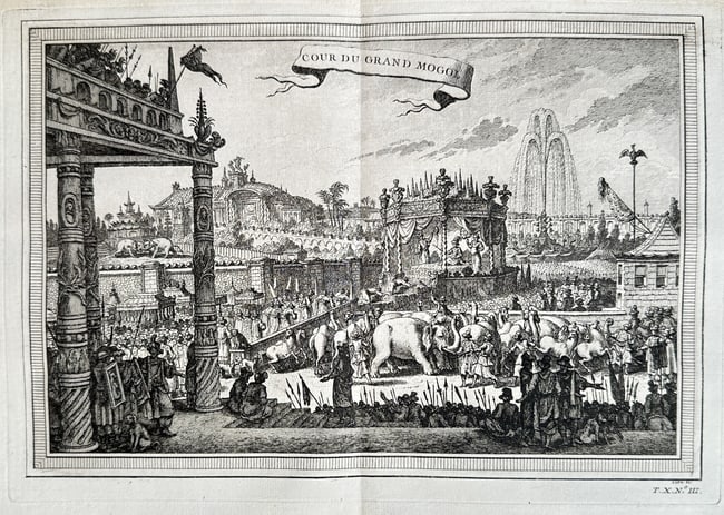 Antoine François Prévost (1697–1763) – The Court of the Great Mogul – Engraving: This grand engraving, titled The Court of the Great Mogul, presents a richly detailed view of a ceremonial gathering at the Mughal Imperial Court in India (Asia), depicting the architecture, the assem