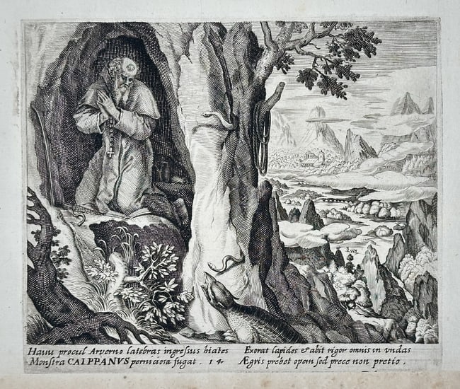 Jan van der Straet (1523–1605) – Saint Capuanus in the Wilderness – Engraving (1 of 2)