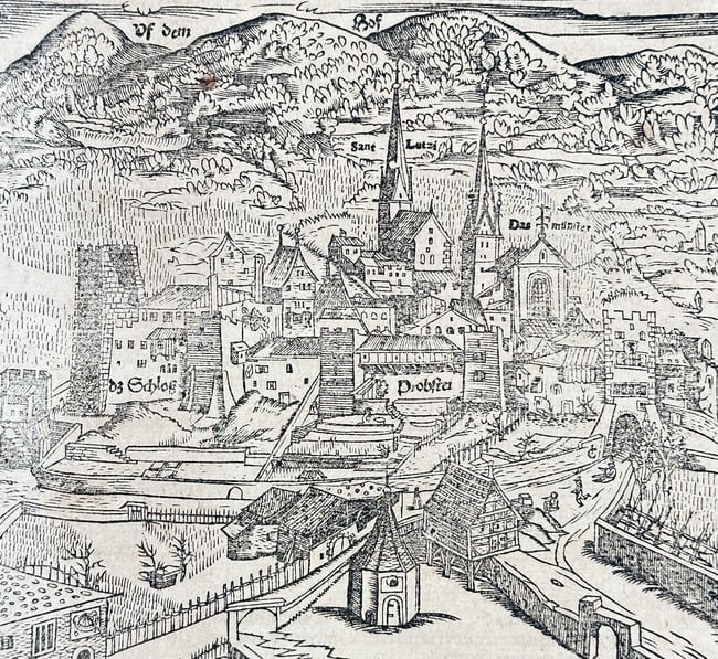 Sebastian Münster (1488–1552) – View of Chur (Switzerland) – Woodcut: This woodcut provides a bird's-eye topographical view of the city of Chur (Coire), the capital of the Grisons canton in Switzerland. The detailed view shows the city nestled in an alpine valley, depic
