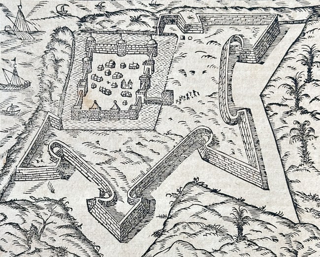 Sebastian Münster (1488–1552) – True Depiction of Gorée Island with its Fortific: This historical topographical print presents a detailed plan of Gorée Island off the coast of Senegal, West Africa. The image is a bird's-eye view prominently featuring the island's major fortificati