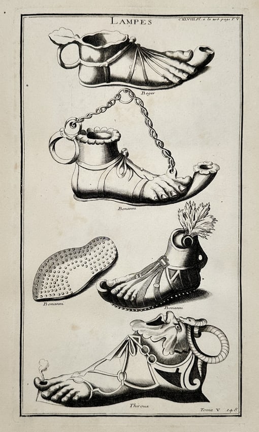 Bernard de Montfaucon (1655–1741) – Ancient Lamps Shaped Feet – Engraving (1 of 2)