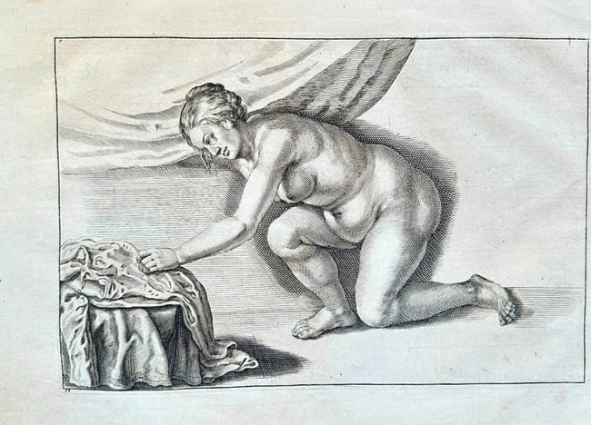 Gerard de Lairesse – Kneeling Nude Figure – Engraving: This finely executed engraving by Gerard de Lairesse captures a kneeling nude female figure, meticulously rendered as she reaches towards a piece of drapery. The composition focuses on revealing the u
