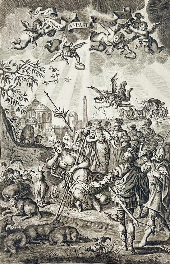 Adriaen Pietersz van de Venne – Allegory of the Shepherd-King ASPASIA – Etching: This theatrical allegorical etching, created by Adriaen van de Venne for Jacob Cats’s monumental moral-philosophical work Alle de Wercken, presents the coronation of ASPASIA—an archetypal figure o