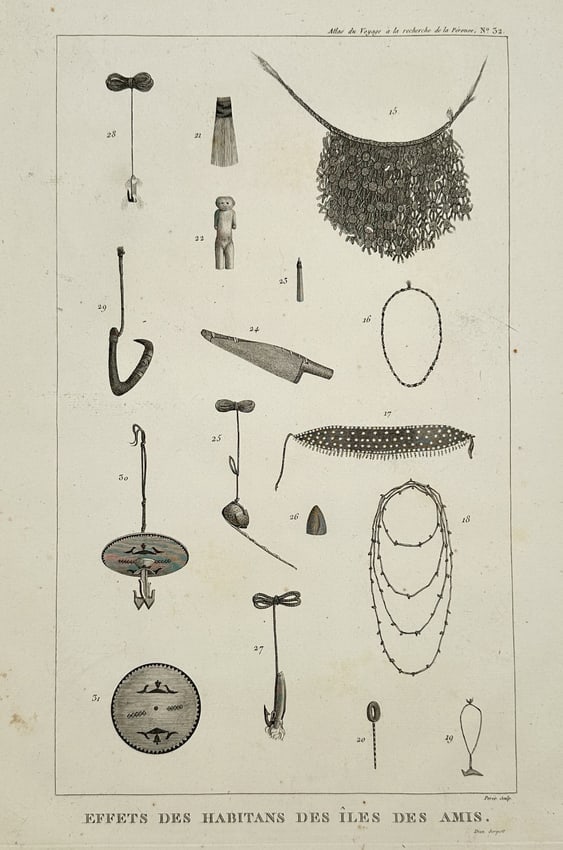Claude-Marie-François Dien – Effects of the Indigenous People of New Caledonia: This copperplate engraving, Plate 32 from the atlas, is a detailed ethnographic study titled Effects of the Indigenous People of New Caledonia. The plate displays numerous numbered artifacts collected