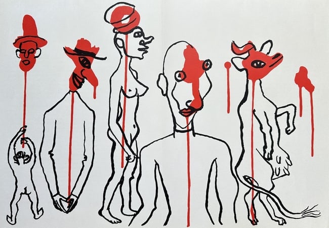 Antoni Tàpies (1923–2012),after – Untitled – Offset print from Derrière Le Miroi: This striking Offset print, created by Alexander Calder in 1966, features multiple stylized figures outlined in black, with vibrant red accents and expressive drips. The composition includes various f