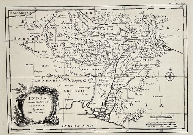 Antoine François Prévost (1697–1763) – Map of India as described by all Authors: This engraving is a historical map of Ancient India and adjacent territories, as understood by authors before the 5th century. It details regions Parthia, Aria, Gedrosia, and Indo-Scythia, extending f