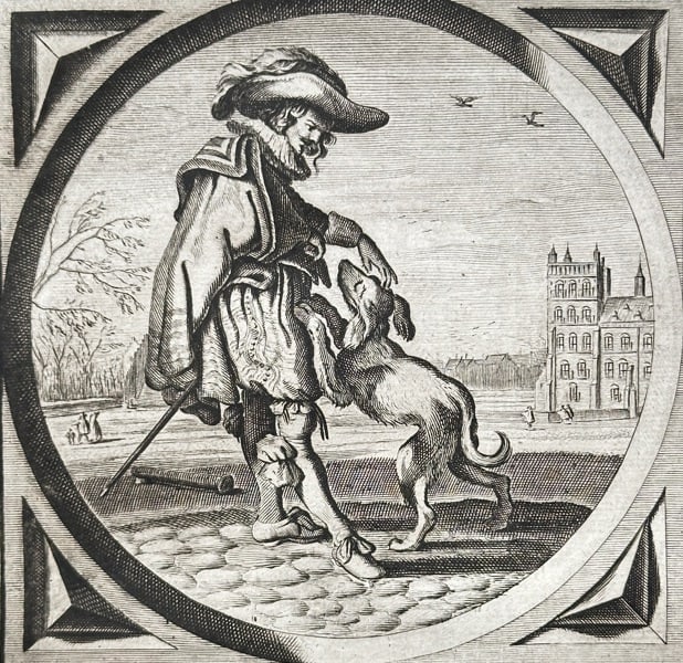 Jacob Cats (1577–1660) – Stirs the Civic Life – Engraving (1632): This emblem-style engraving is a moral allegory from a Dutch emblem book by Jacob Cats. The print depicts a man in a civic setting who is interrupted by a dog, illustrating the Dutch proverb from the