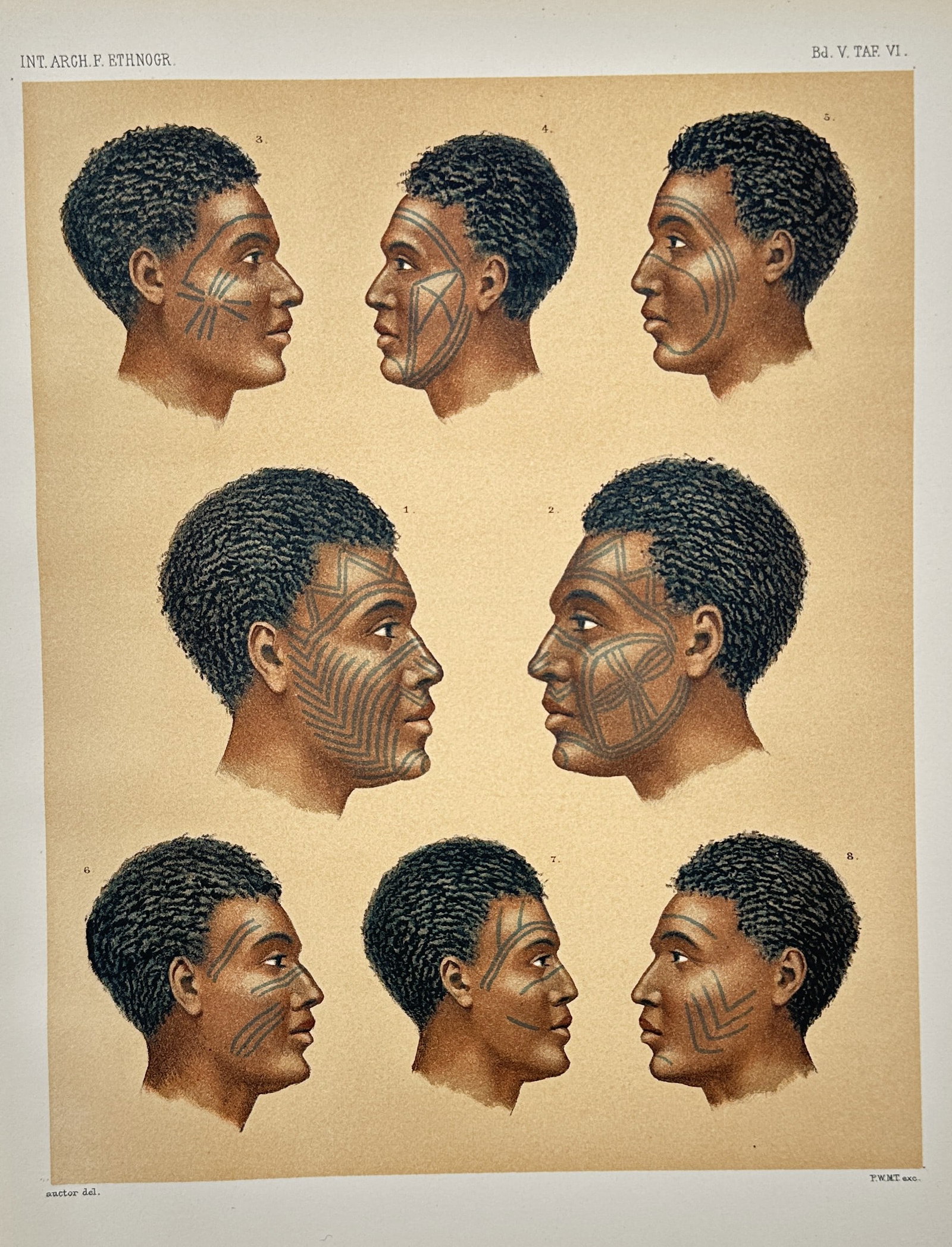 James G. Swan (1818–1900) – Ethnographic Studies of Facial Scarification – Chromolithograph: This chromolithograph presents a comparative study of facial scarification patterns. The plate features detailed profile views of individuals with dark skin and short, textured hair, displaying distin
