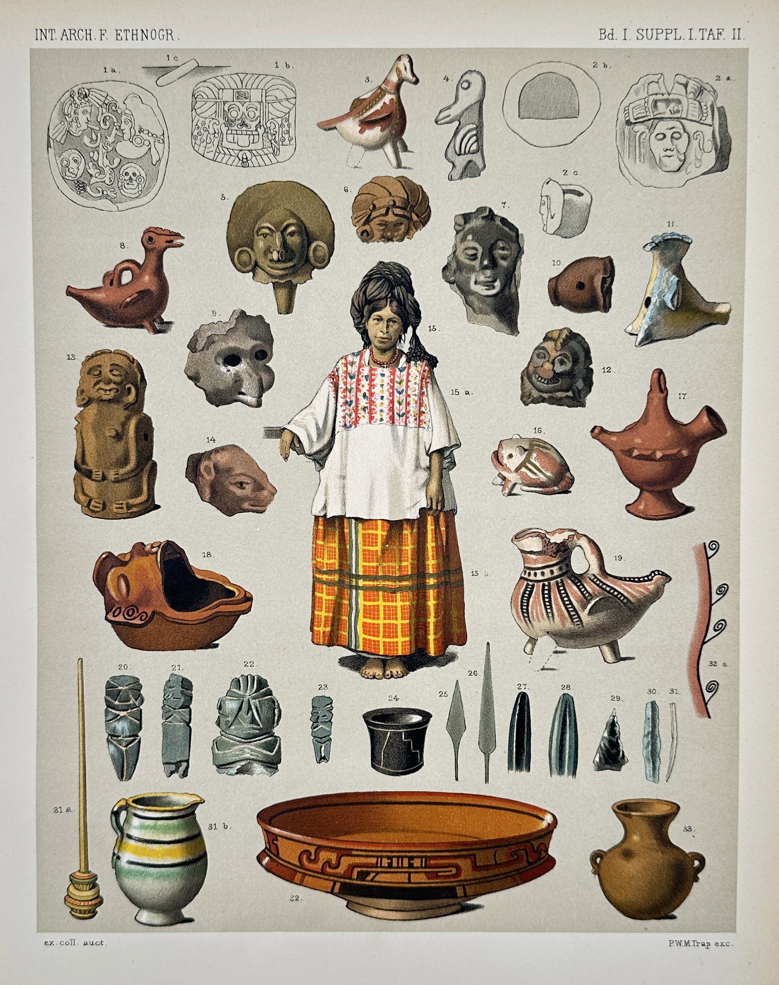 James G. Swan (1818–1900) – Collection of Polynesian - Chromolithograph - 1857: This chromolithograph illustrates a collection of cultural artifacts, centered on a high-status feathered cloak with distinctive red and yellow geometric patterns. The plate details objects such as a 