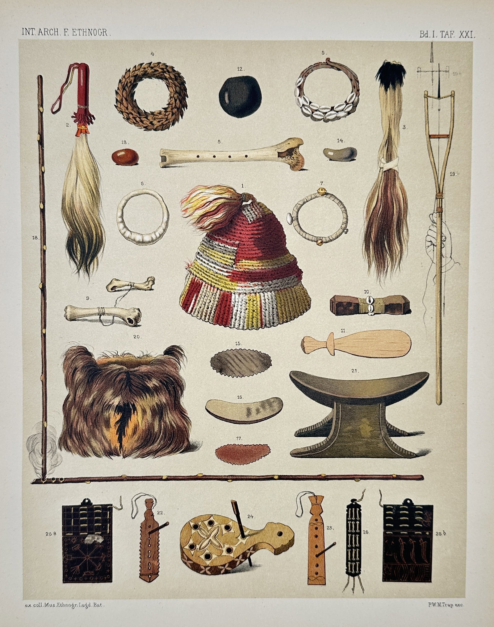 James G. Swan (1818–1900) – Collection of Polynesian and Melanesian Artifacts: This chromolithograph illustrates a collection of cultural artifacts, centered on a high-status feathered cloak with distinctive red and yellow geometric patterns. The plate details objects such as a 