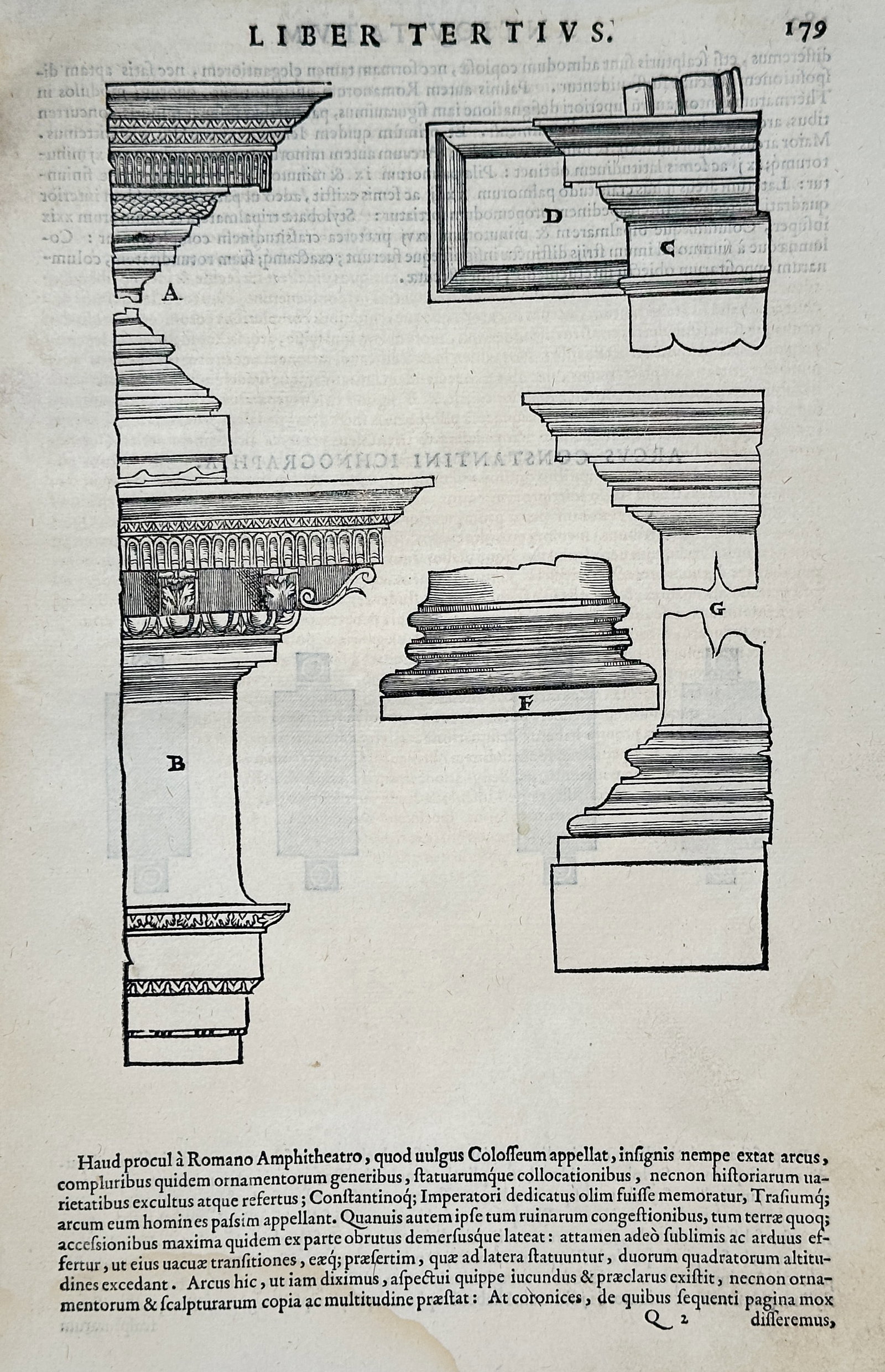 Sebastiano Serlio – Architectural Fragments from the Roman Colosseum – Woodcut (16th Century): This woodcut depicts detailed elevations and cross-sections of various architectural fragments, including cornice and capital elements, derived from the Roman Colosseum. This study of classical elemen