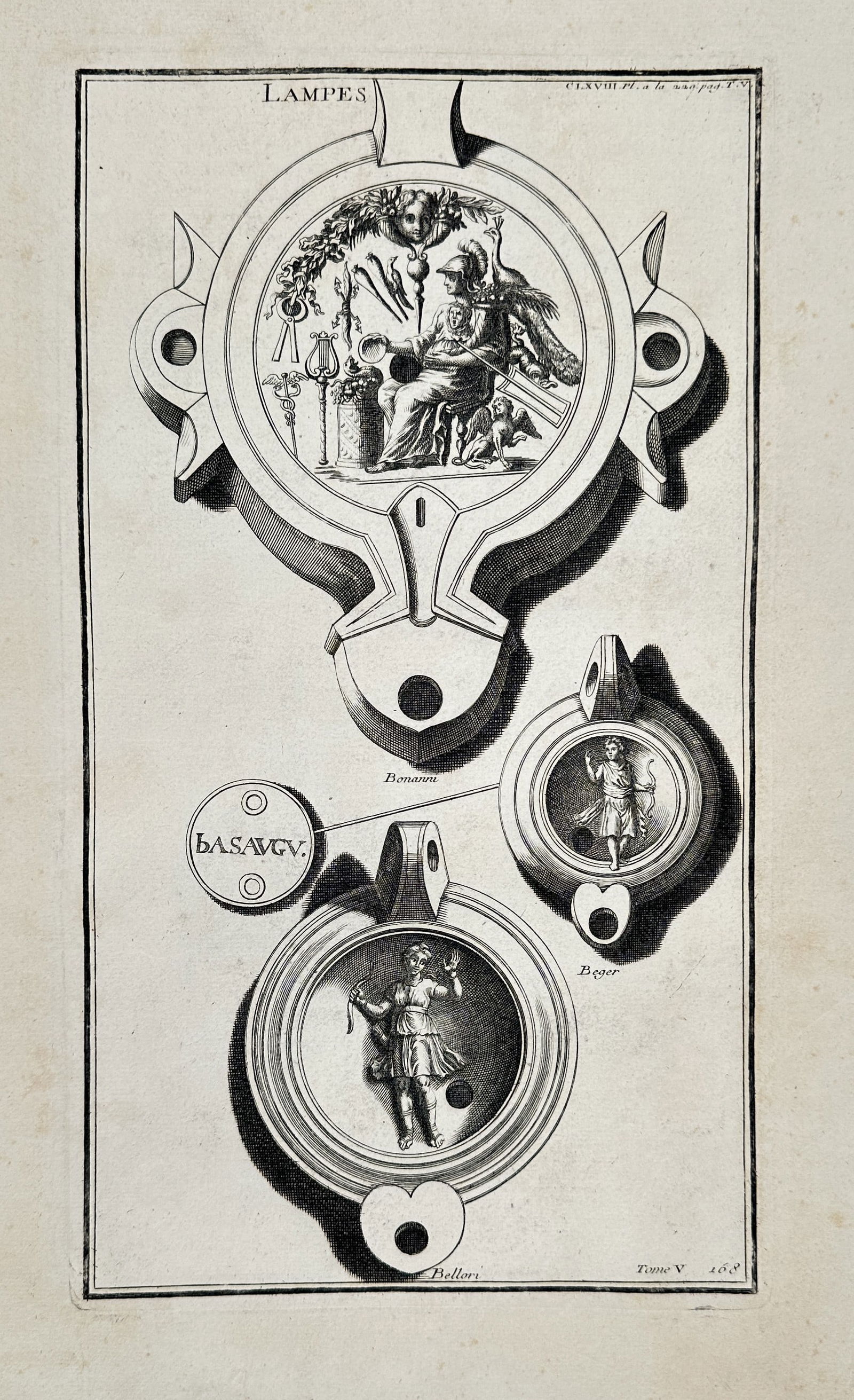 Bernard de Montfaucon – Antique Oil Lamps with Classical Figures – Copperplate engraving (1 of 2)