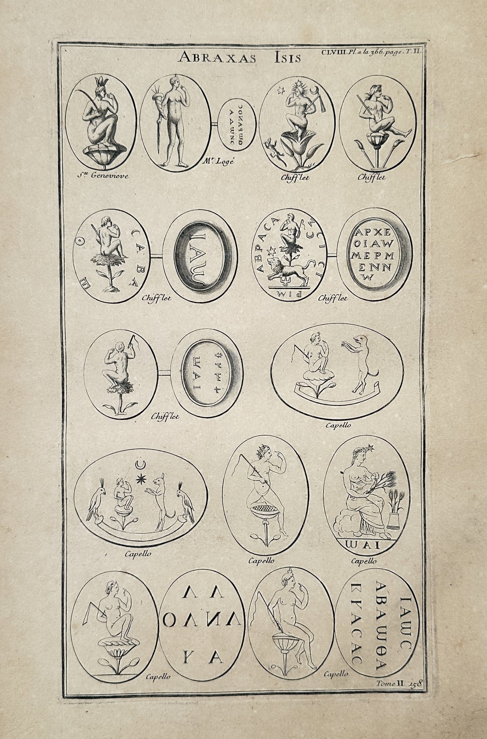 Bernard de Montfaucon – Abraxas Gems and Magical Seals – Copperplate engraving: This copperplate engraving illustrates a variety of Abraxas gems, featuring carved figures, animals, and magical or Gnostic inscriptions, such as the deity Abraxas and various symbolic motifs. This pr