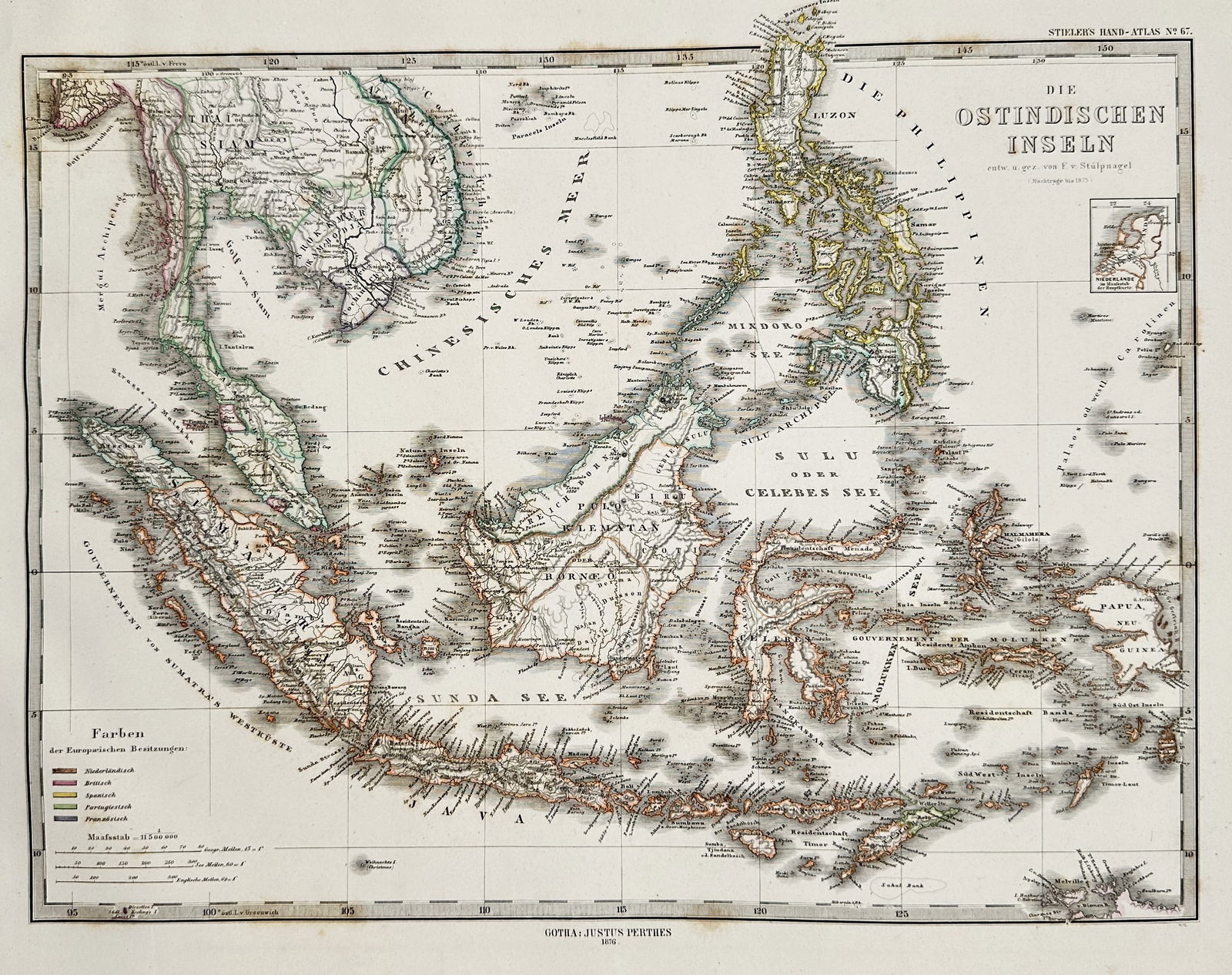 August Petermann (1822–1878) – Map of East Indian Islands and Southeast Asia – Steel engraving: This hand-colored steel engraving is a detailed map titled Die Ostindischen Inseln, encompassing Maritime Southeast Asia, including the Indonesian archipelago, the Philippines, and parts of the mainla