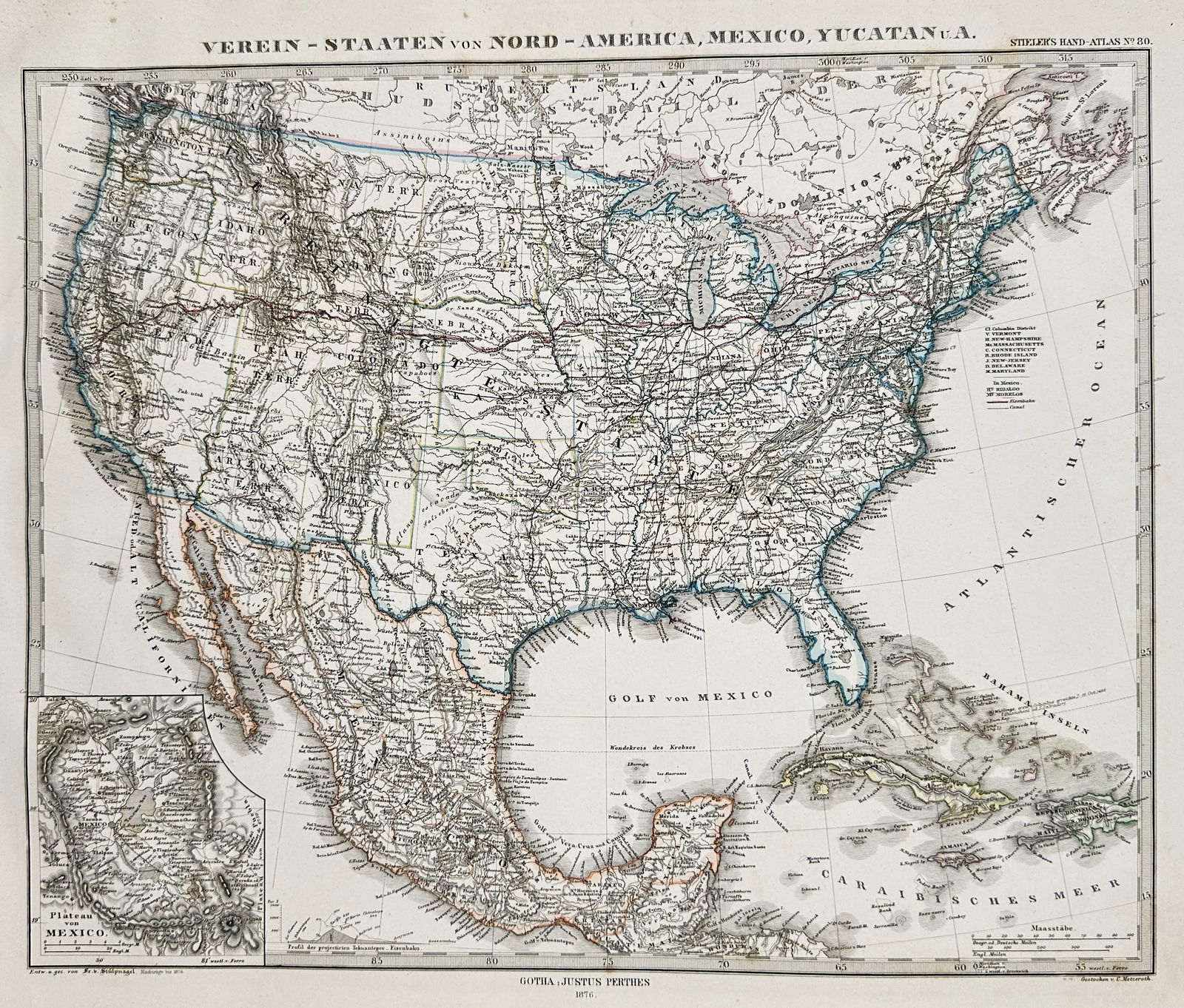 August Petermann (1822–1878) – Map of United States, Mexico, and Yucatan – Steel engraving (1 of 2)