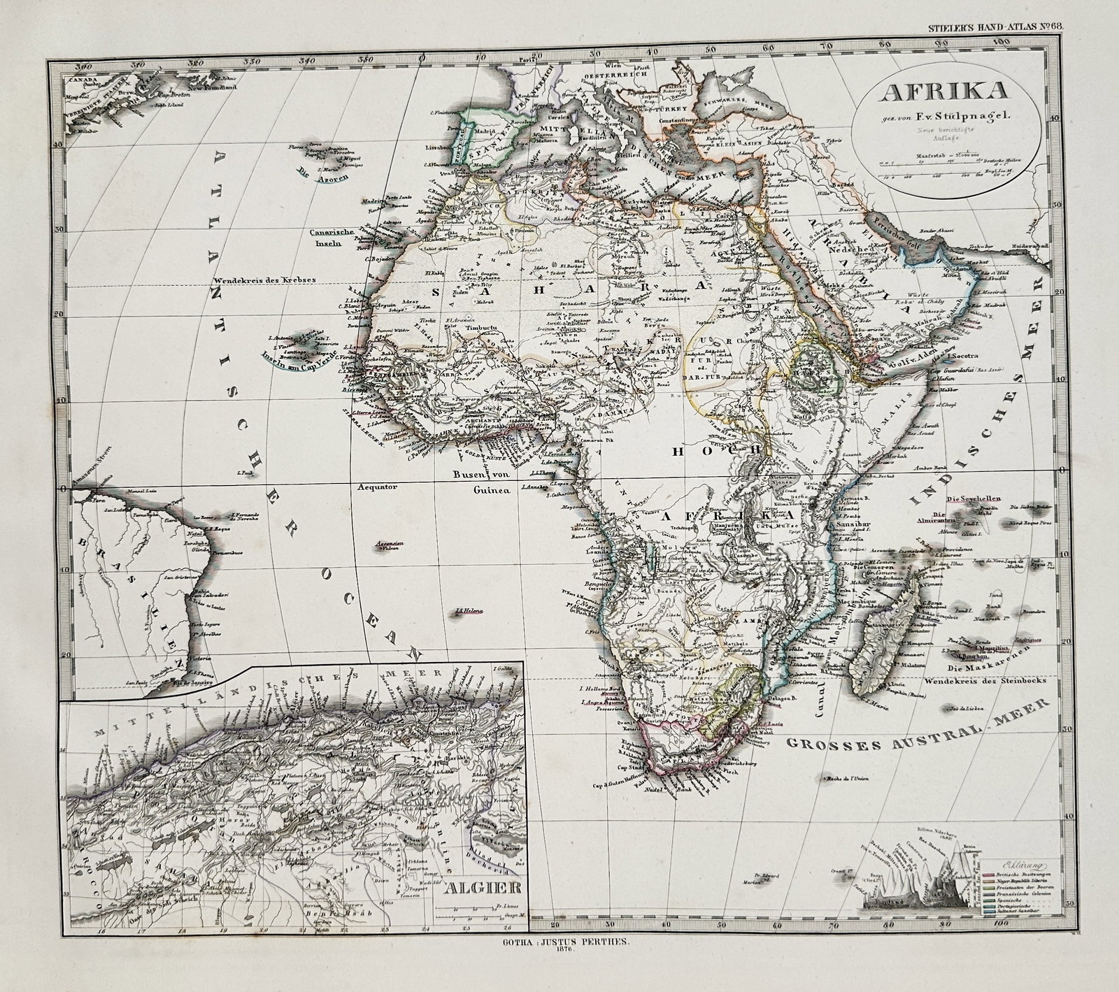 August Petermann (1822–1878) – Map of Africa – Steel engraving (19th Century): This hand-colored steel engraving is a detailed map titled Afrika, illustrating the continent in the 19th century with political boundaries, rivers, and geographic features, including a large inset ma