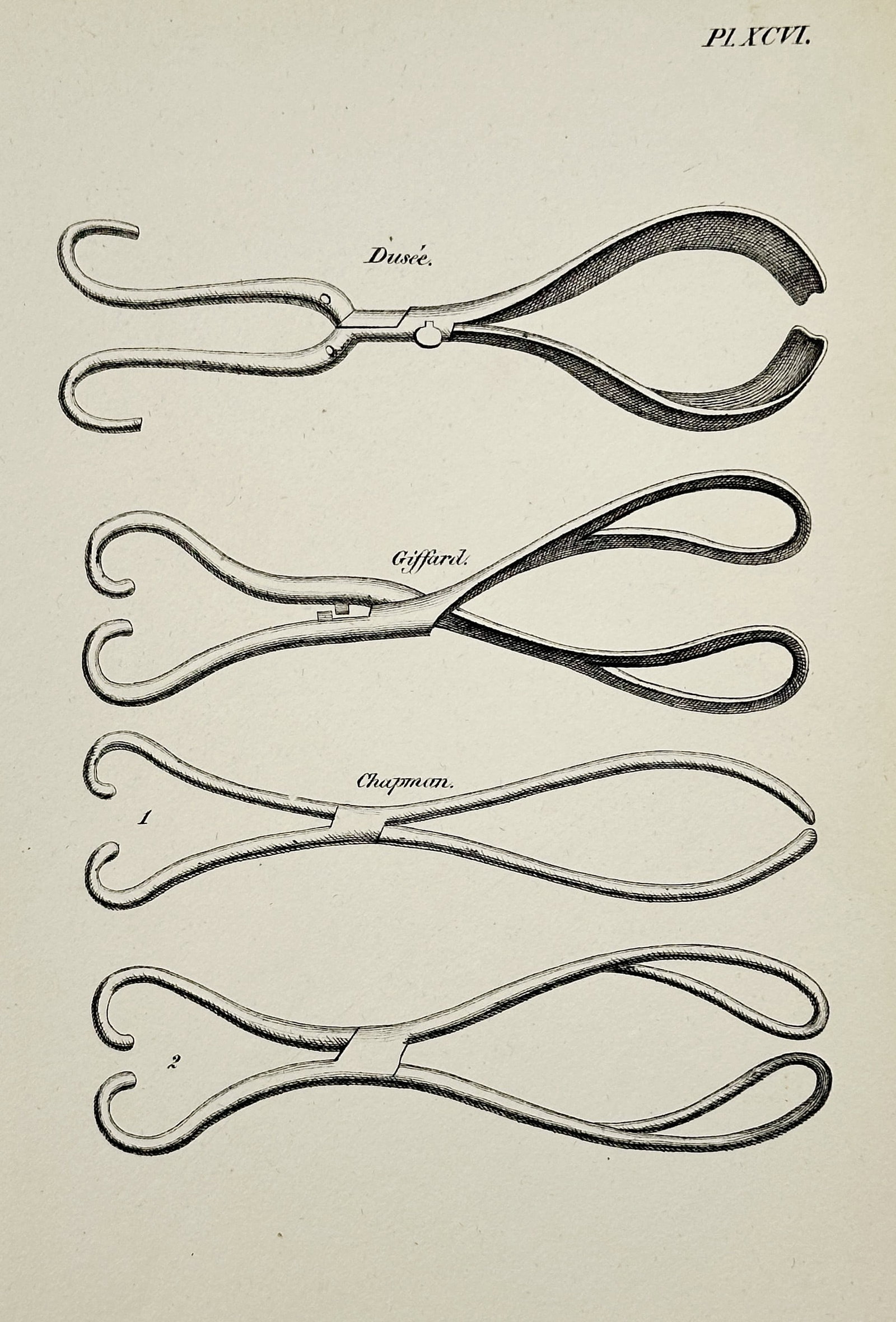 Jean-Louis Petit (1674–1750) – Obstetrical Forceps – Copperplate engraving (18th Century): This copperplate engraving depicts various models of obstetrical forceps, instruments used in surgical delivery, including models attributed to surgeons Duvé, Giffard, and Chapman. This illustration 