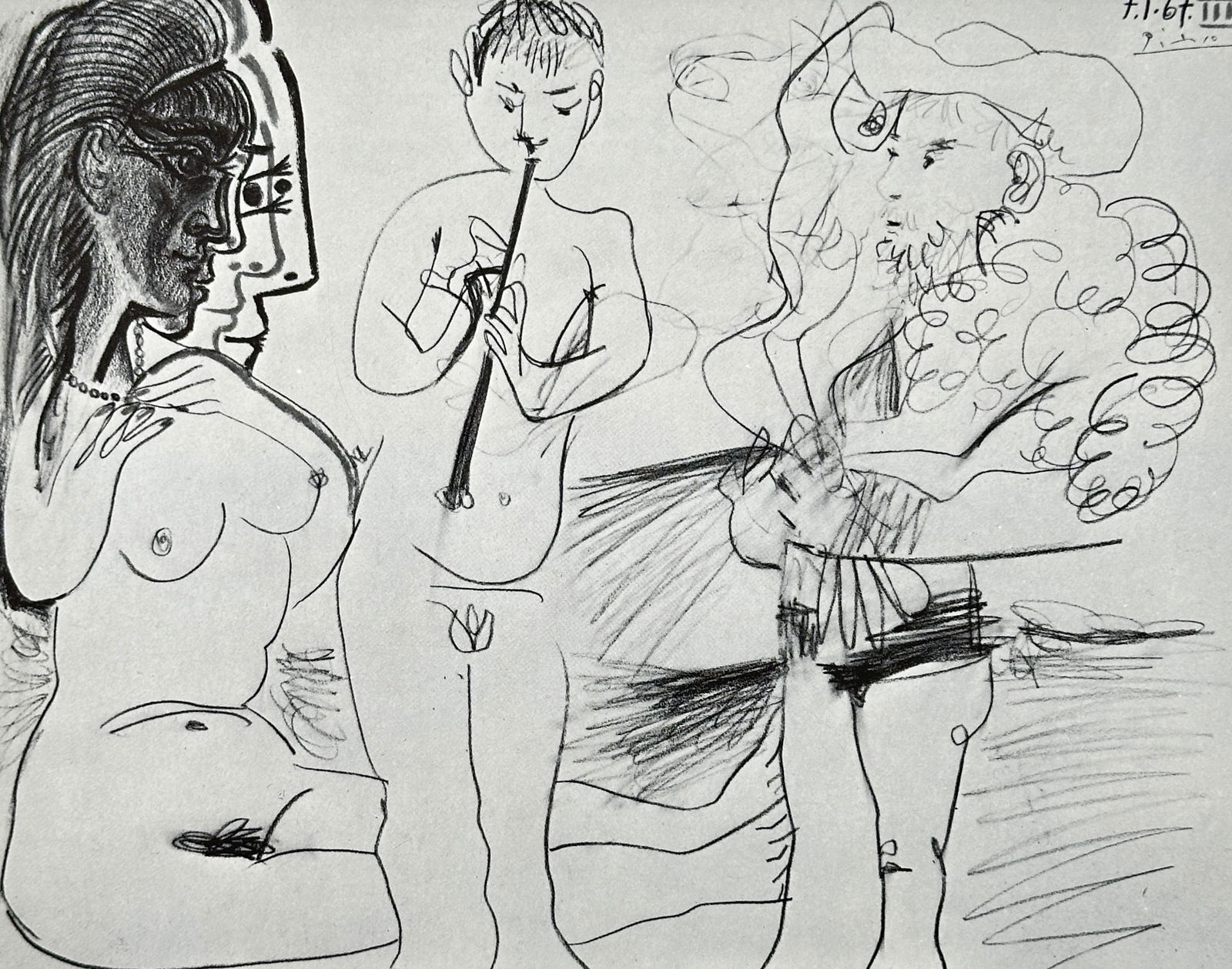 Pablo Picasso (1881–1973), after – Man with a Sheep, Nude Woman and Flautist (1967) – Offset: This offset print renders a drawing that depicts a mythological or pastoral group, including a man with a sheep, a nude female figure, and a flautist, executed in bold, expressive line work. The print