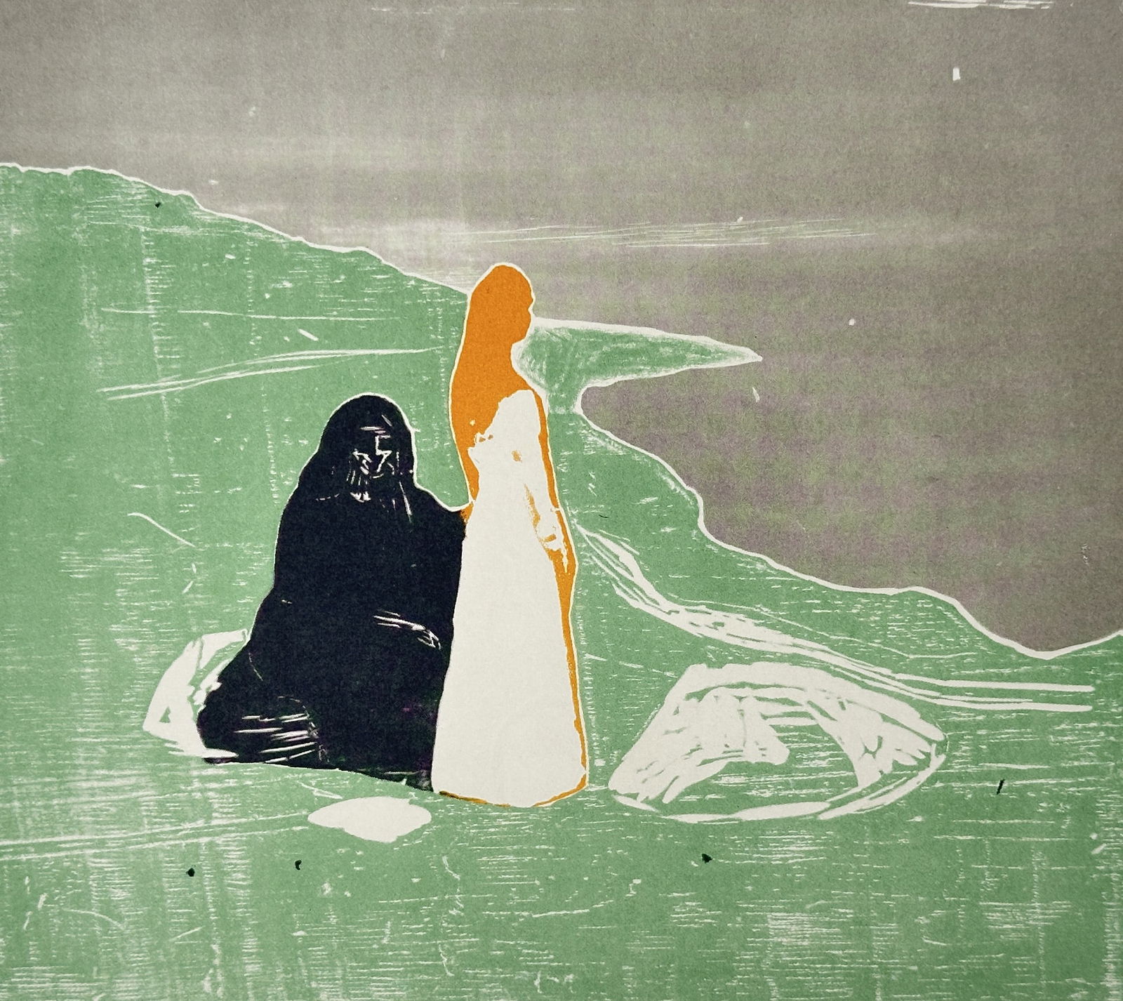 Edvard Munch (1863–1944) – The Lonely Ones (Separation) – Woodcut (20th Century): This color woodcut depicts two simplified figures, one dark and seated, the other light and standing, positioned by a stylized coastline, conveying a powerful sense of isolation and separation. The pr