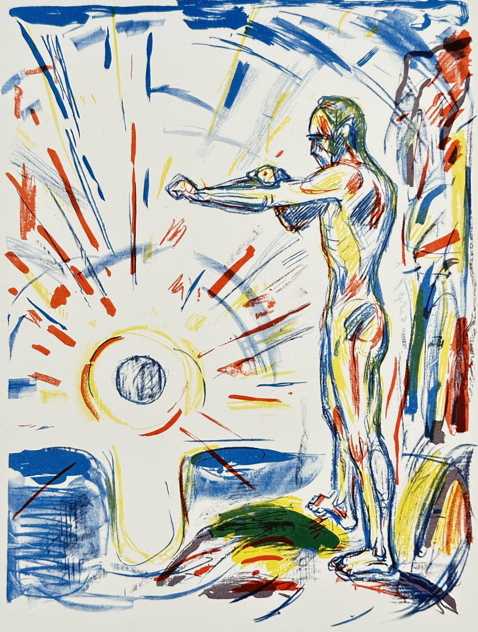 Edvard Munch (1863–1944) – Towards the Light (Mot lyset) – Offset print (20th Century): This offset print depicts a dynamic, multi-colored composition of a nude male figure with arms outstretched toward a stylized light source, reflecting the psychological theme of searching or yearning
