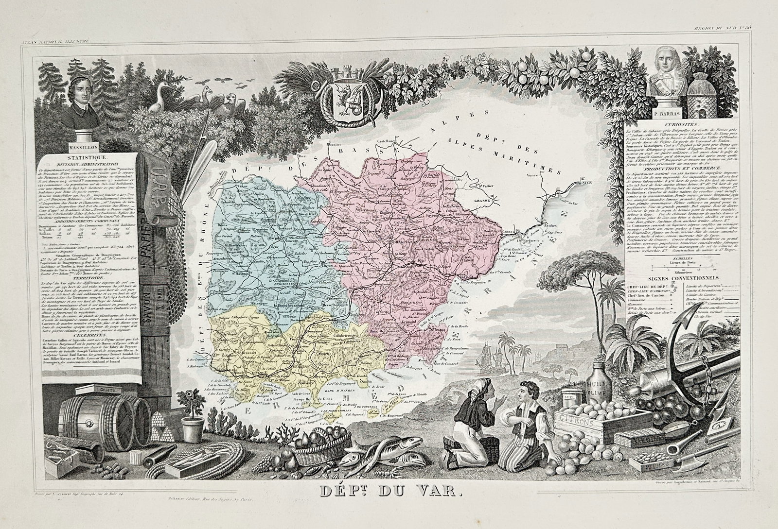 Victor Levasseur – Map of the Department of Var – Copperplate engraving (19th Century) (1 of 2)
