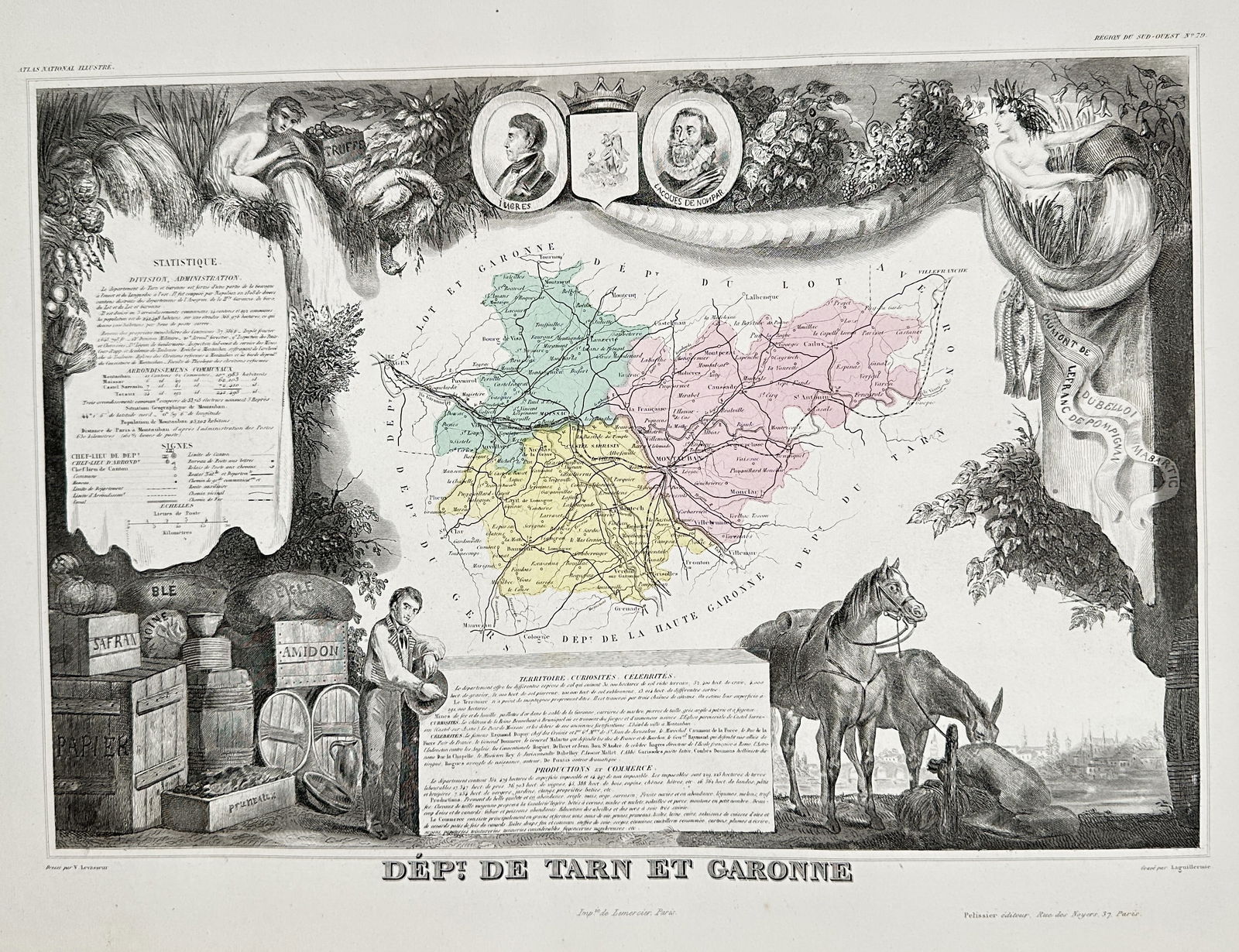 Victor Levasseur – Map of the Department of Tarn et Garonne – Copperplate engraving (1 of 2)