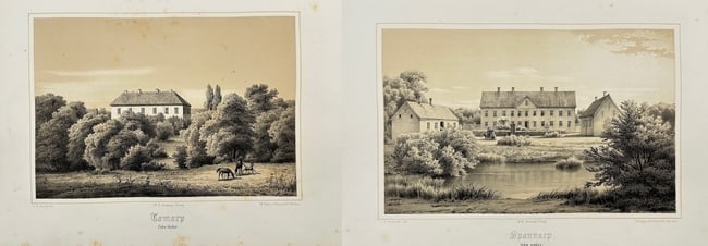 Ferdinand Richardt (1819–1895) – Two Views of Swedish Estates: Tomarp and Spanna: This set of two chromolithographs by Ferdinand Richardt features detailed views of Swedish estates. The works depict Tomarp From the South and Spannarp From Soder, both rendered with the artist's char