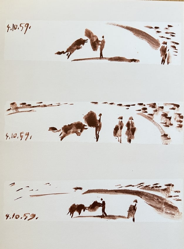 Pablo Picasso, after – Set of Bullfight Vignettes (Toros y Toreros) – Offset pri: This sepia-toned offset print features three horizontal vignette studies of the bullfight (corrida), drawn from the artist's prolific Toros y Toreros series. Each study is spontaneously rendered in a