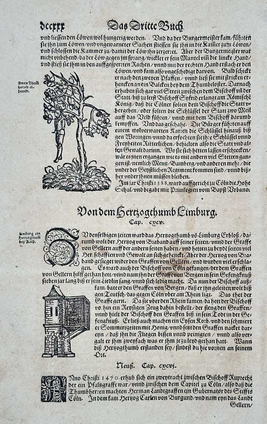 Sebastian Münster – Portraits and Architectural Views with Text from Das Dritte: This folio leaf is an original print from the influential geographical and historical encyclopedia Cosmographia, featuring German text from Das Dritte Buch (The Third Book). The page includes several 