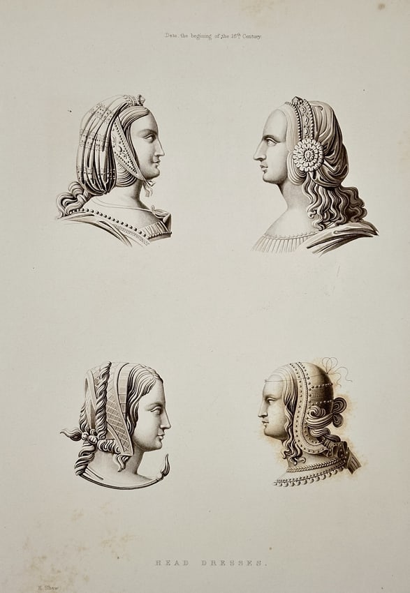 Henry Shaw (1800–1873) – Illustration of Female Head Dresses from the 15th: This engraving is an illustration depicting a set of four different female head dresses and hairstyles, shown in profile, with the note indicating their style originates "from the beginning of the 15t