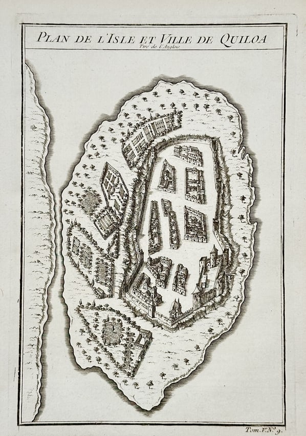 Jacques-Nicolas Bellin – Map of the Island and City of Kilwa, East Africa: This engraving is a highly detailed topographical map titled Plan of the Island and City of Kilwa, Drawn from the Portuguese). The map depicts an isolated, irregularly shaped island off the coast of E