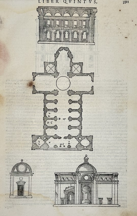 Sebastiano Serlio – Latin Cross Temple Plan and Architectural Elevations (1 of 2)