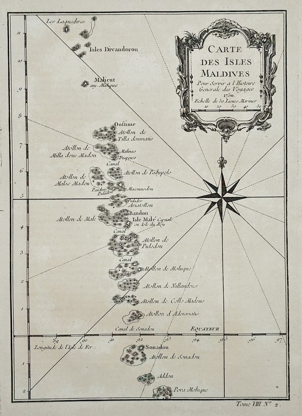 Jacques-Nicolas Bellin (1703–1772) – Map of Southern Asia - the Maldive Islands: This detailed nautical chart depicts the entire archipelago of the Maldives in the Indian Ocean, extending from the Laccadive Islands (Les Laquedives) in the north to the Souadou atolls in the south.